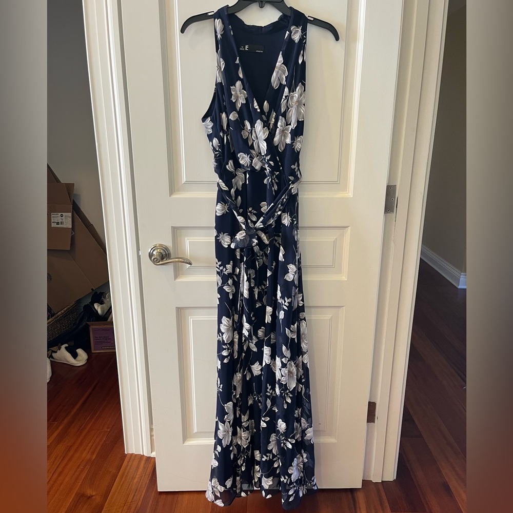 Leslie Fay Navy and White Floral Wrap Maxi Dress